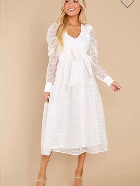 Listicle White Midi Dress with Sheer Puff Sleeves and Waist Bow